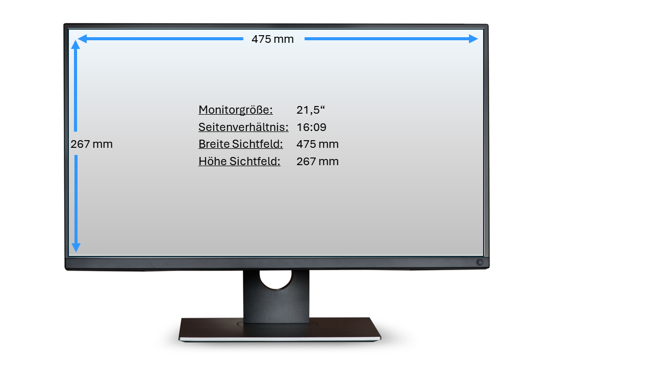 Frontansicht eines Computermonitors mit blauen Messlinien und Spezifikationen auf dem Bildschirm: Monitorgrösse 21,5 Zoll, Seitenverhältnis 16:09, Breite Sichtfeld 475 mm, Höhe Sichtfeld 267 mm